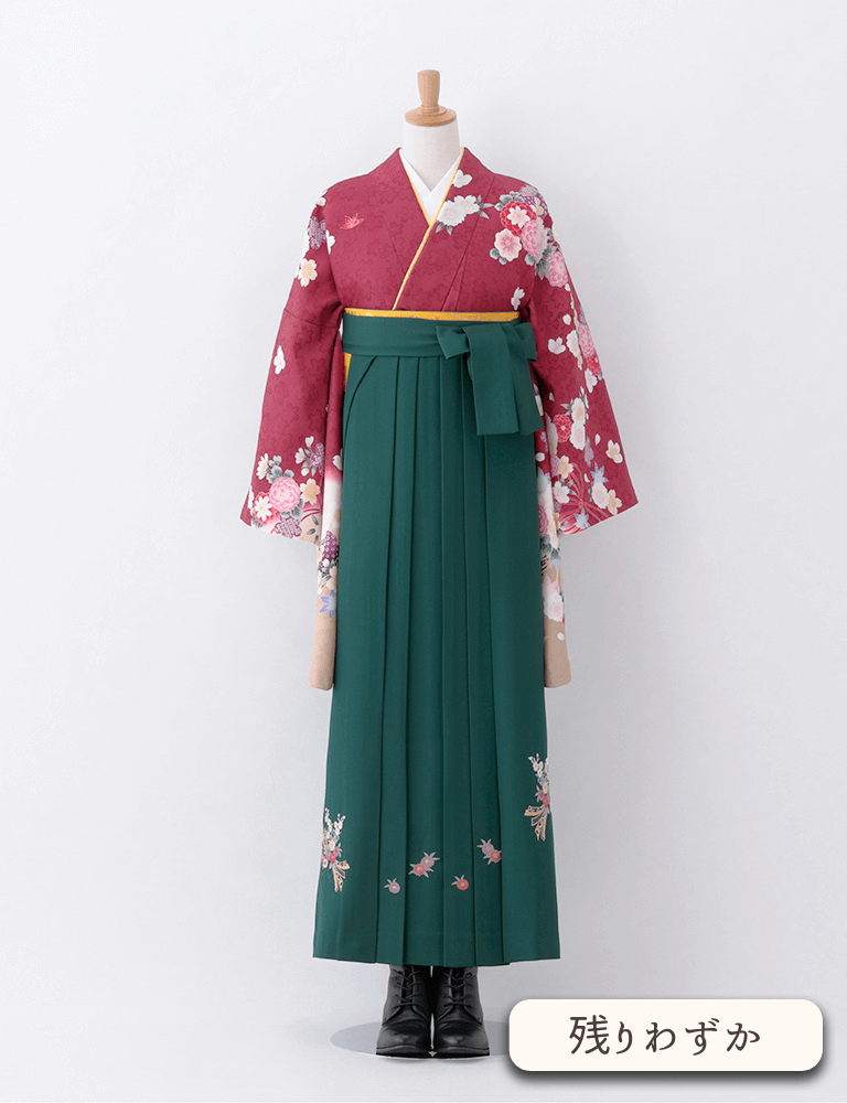 〈着物〉エンジ色 シャクヤク柄着物 〈袴〉グリーン色 熨斗目花束の刺繍袴 【T141】