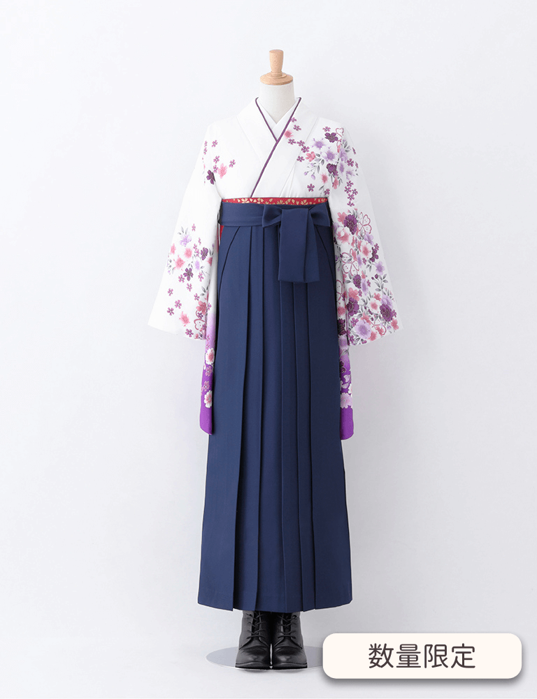〈着物〉白色×紫色 桜枝垂れ柄着物 〈袴〉紺色 無地袴 【T196】