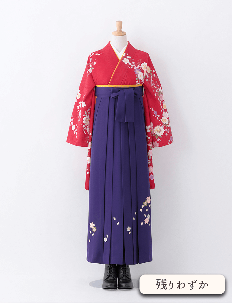 〈着物〉赤色 乱菊柄着物 〈袴〉紫 桜ちらし刺繡袴 【T153】