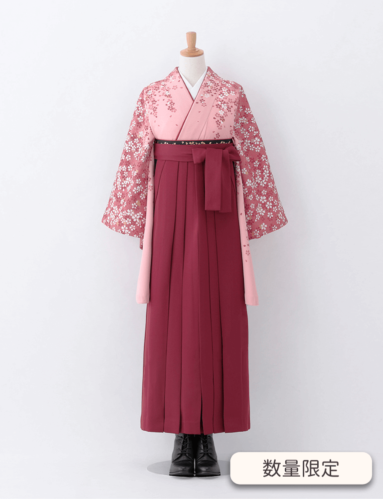 〈着物〉ピンク色 流れ桜柄着物 〈袴〉エンジ色 無地袴 【T189】